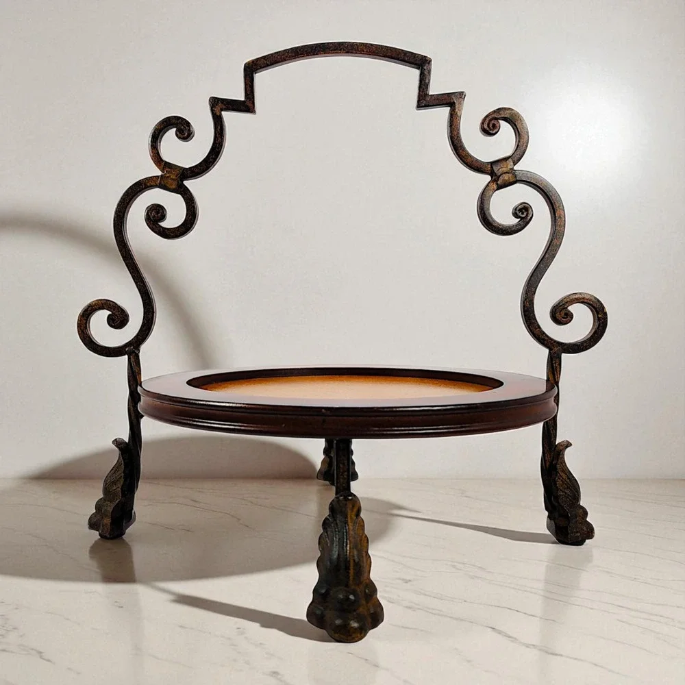 Vintage Wood Round Centerpiece Tray with Metal Handle